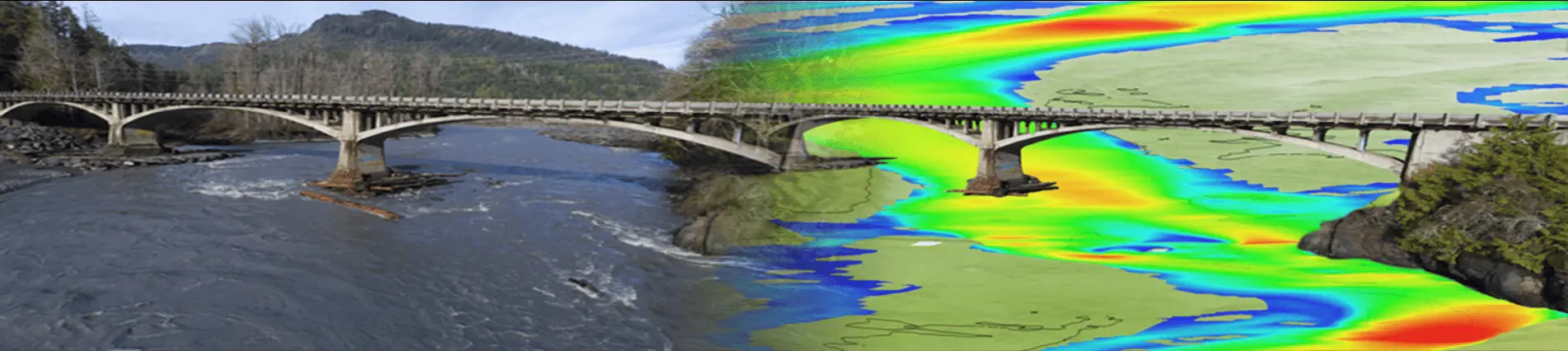 A bridge shown in two views - a one-dimensional view on the left and a two-dimensional view of stream flow by color gradient on the right.